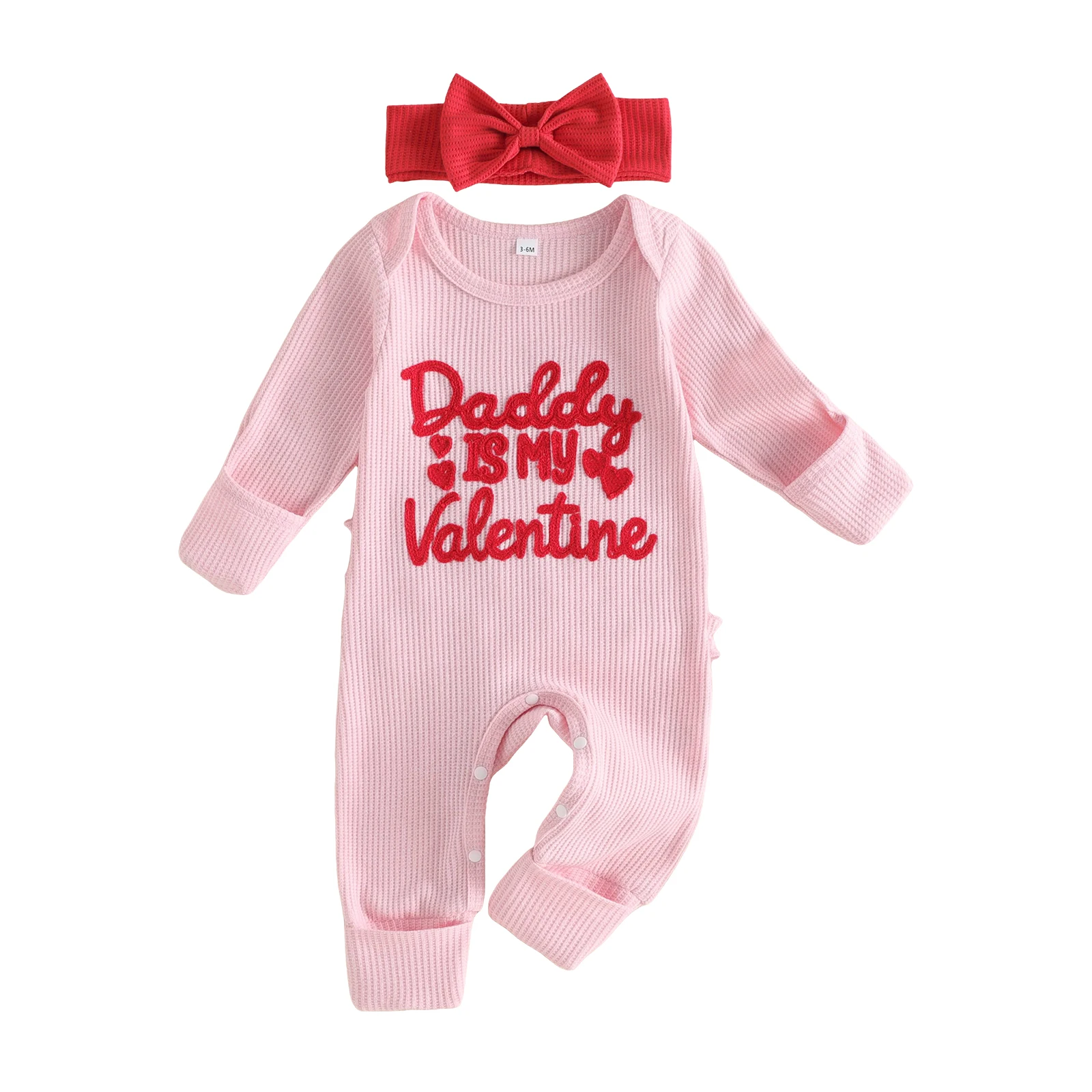 Newborn Baby Girl Valentines Set Embroidered Long Sleeve Romper &Headband