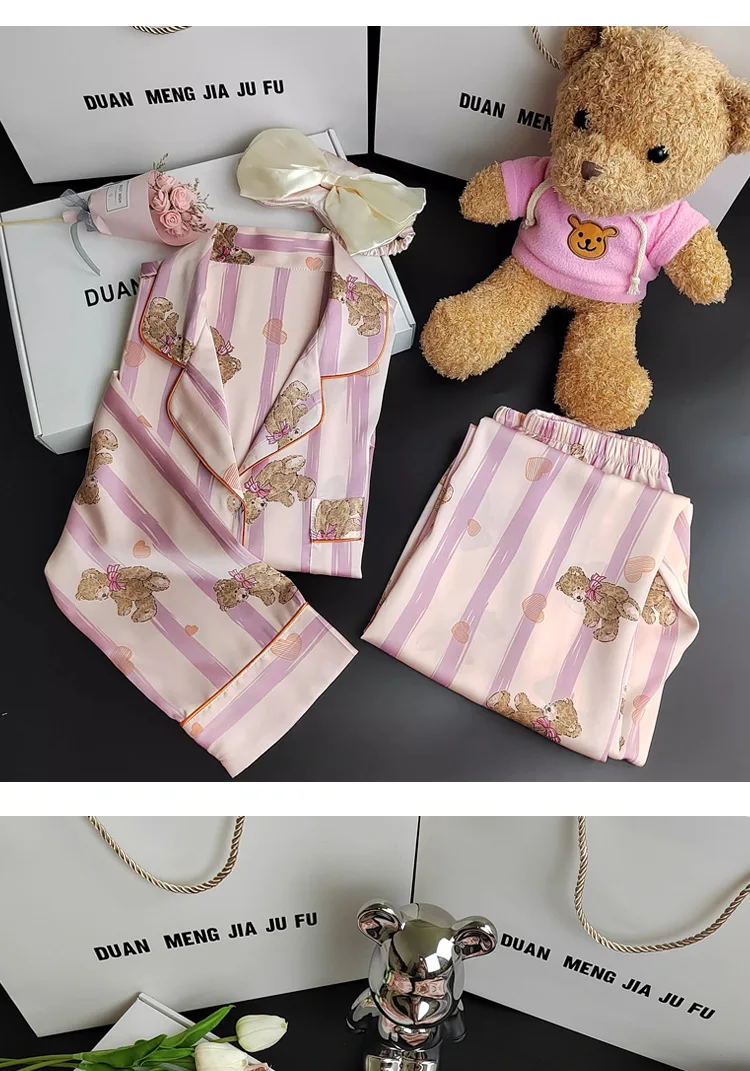 Herbst und Winter Damen Pyjamas Cartoon Rosa Gestreift Bär Pyjamas Strickjacken Lange Ärmel Hosen Loungewear Zweiteiliges Set – Detail 5