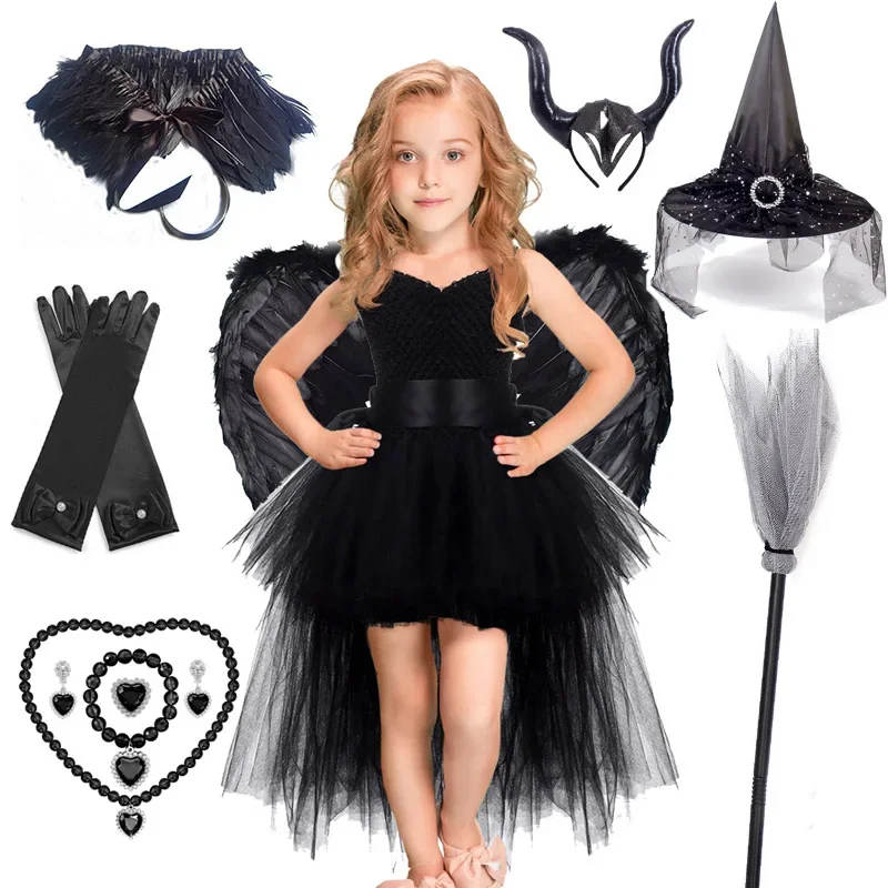 Halloween Hexe Prinzessin Kleid Geburtstag Party Cosplay Engel Overall Kinder Mesh Tutu Rosa Spitze Sling Vampir Kostüm für Mädchen