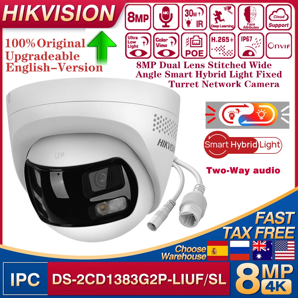 Hikvision DS-2CD1383G2P-LIUF/SL 4K 8MP Dual-Objektiv 180 °   Weitwinkel-Smart-Hybrid-Licht-IP-Kamera mit 2-Wege-Audio und SD-Kartensteckplatz IP67