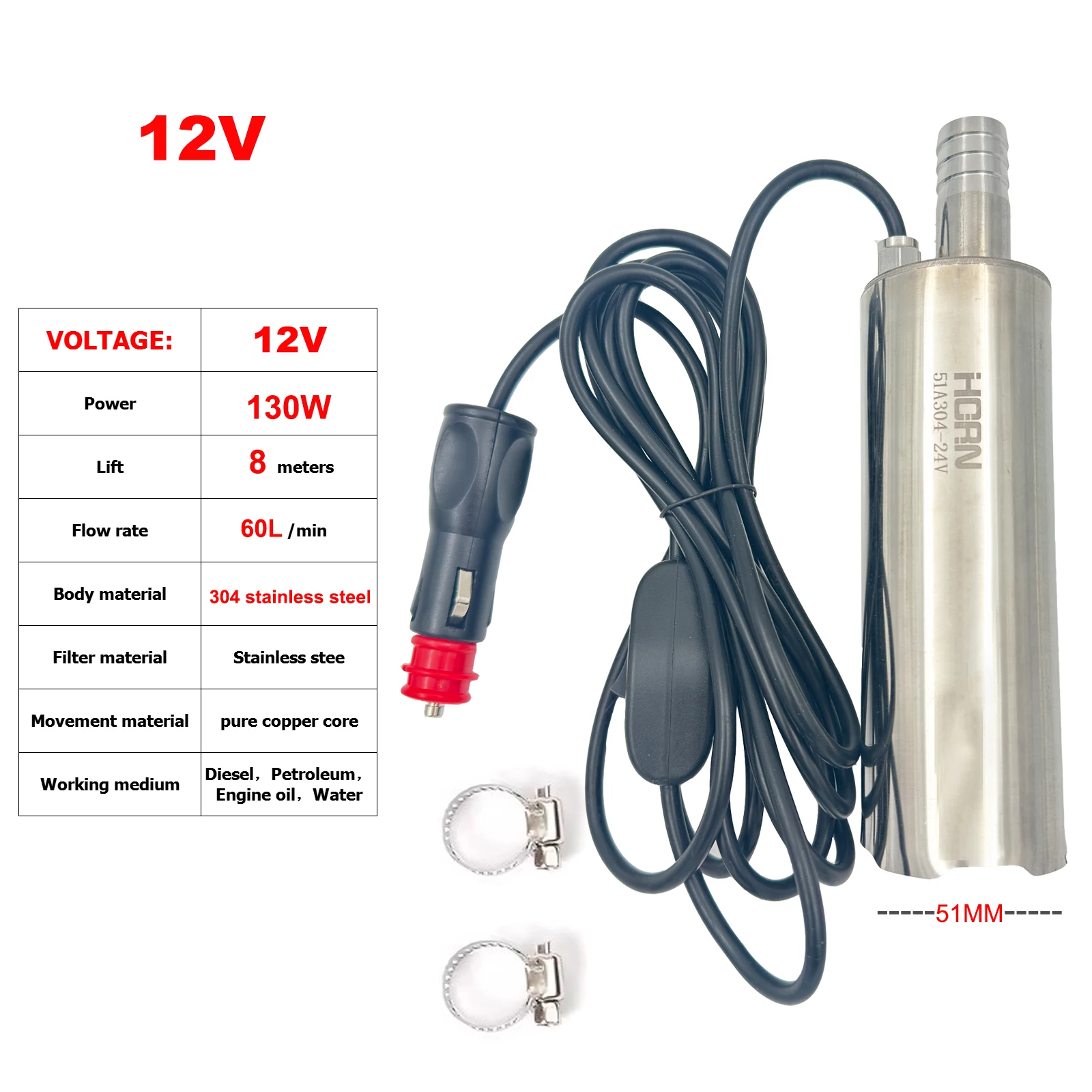 12 V/24 V 130 W Draagbare DC Dompelpomp Elektrische Pomp Voor Diesel Brandstof Levering Water Riolering Zuig overdracht Elektrische Pomp 60L/Min