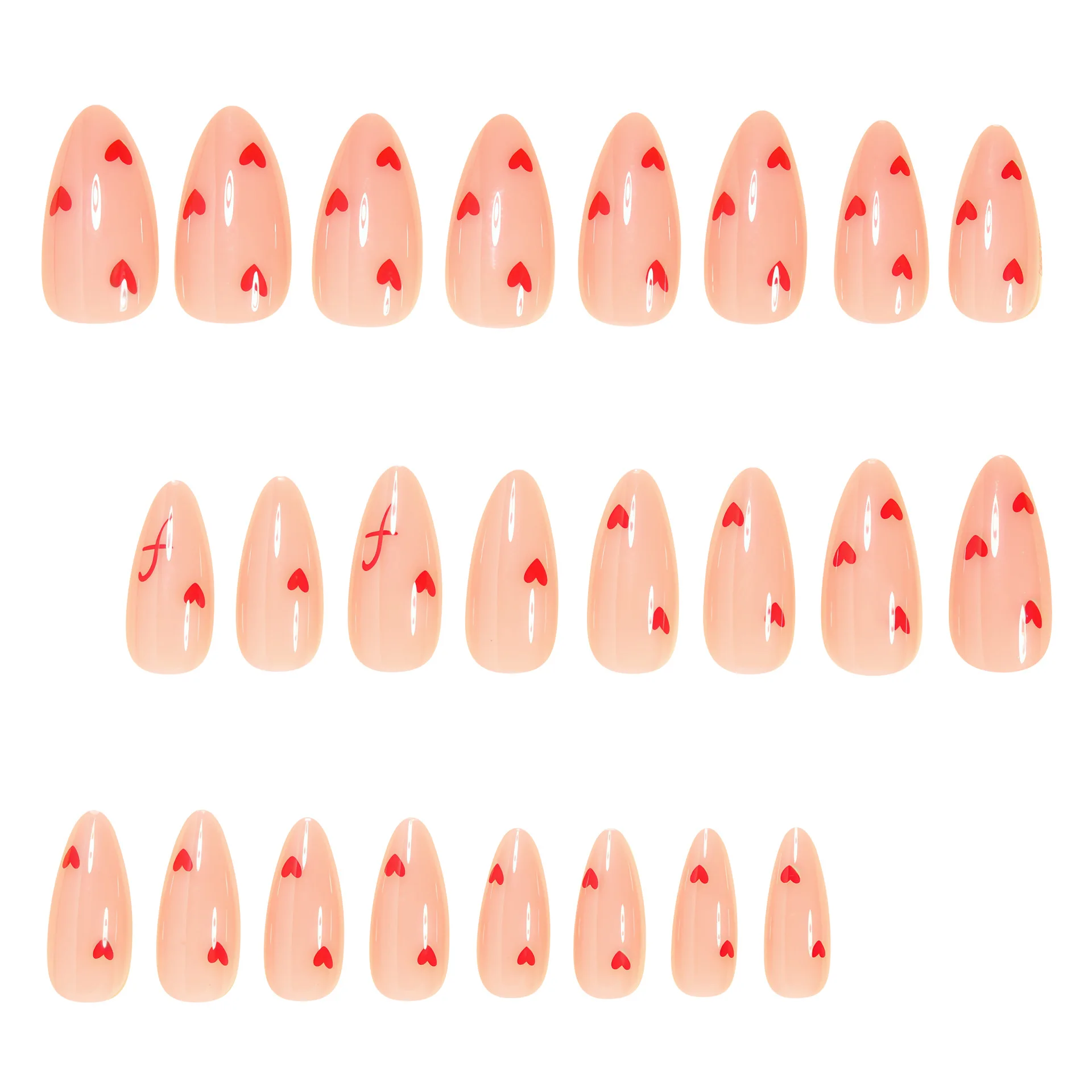 أظافر صناعية متوسطة اللوز باللون البيج مع تصميمات قلب وأحرف قلب وأسود وأحرف لعيد الحب اضغط على مجموعة فن الأظافر الزائفة