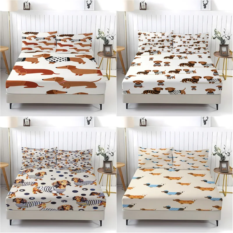 Cute Dachshund Dog Print Fitted Sheet Set 1 Fitted Sheet 2 Pillowcases Soft Microfiber Bedding Set for Bedroom Guest Room