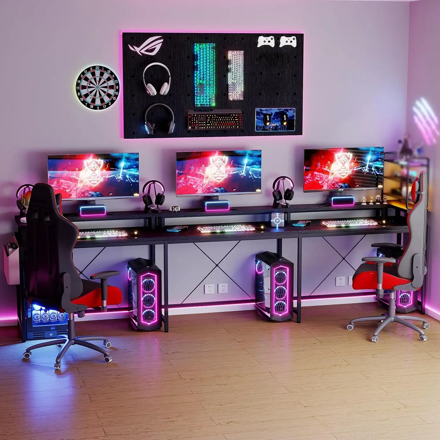 U Shaped Gaming Desk 79 Inch Reversible Desk With Power Outlet LED Strip Monitor Stand Storage Bag Home Office, Customized