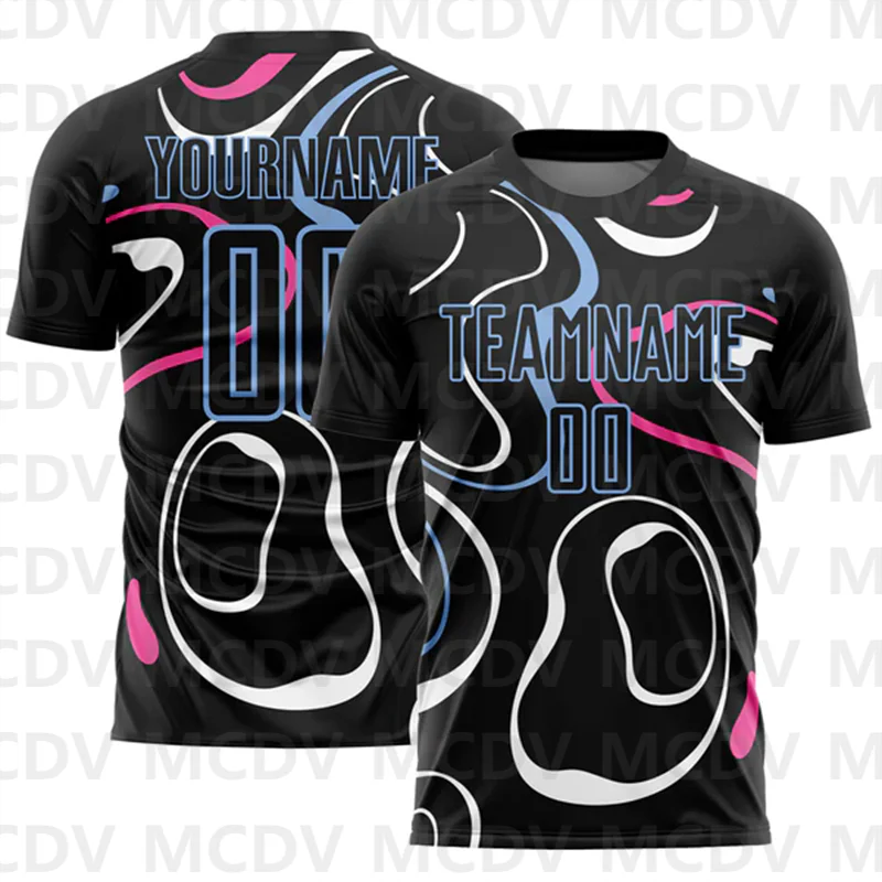 Custom Black Light Blue Fluid Shapes Sublimation Soccer Uniform Jersey Personlized Team name you name number T-Shirts