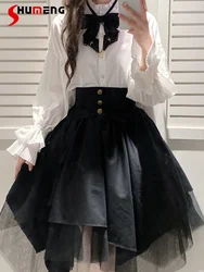 Japanese Style Cute Girl Outfits Autumn Clothing Women's Bow Tie Shirt Gothic Style Irregular Mesh SK Black Mid-Length Skirts