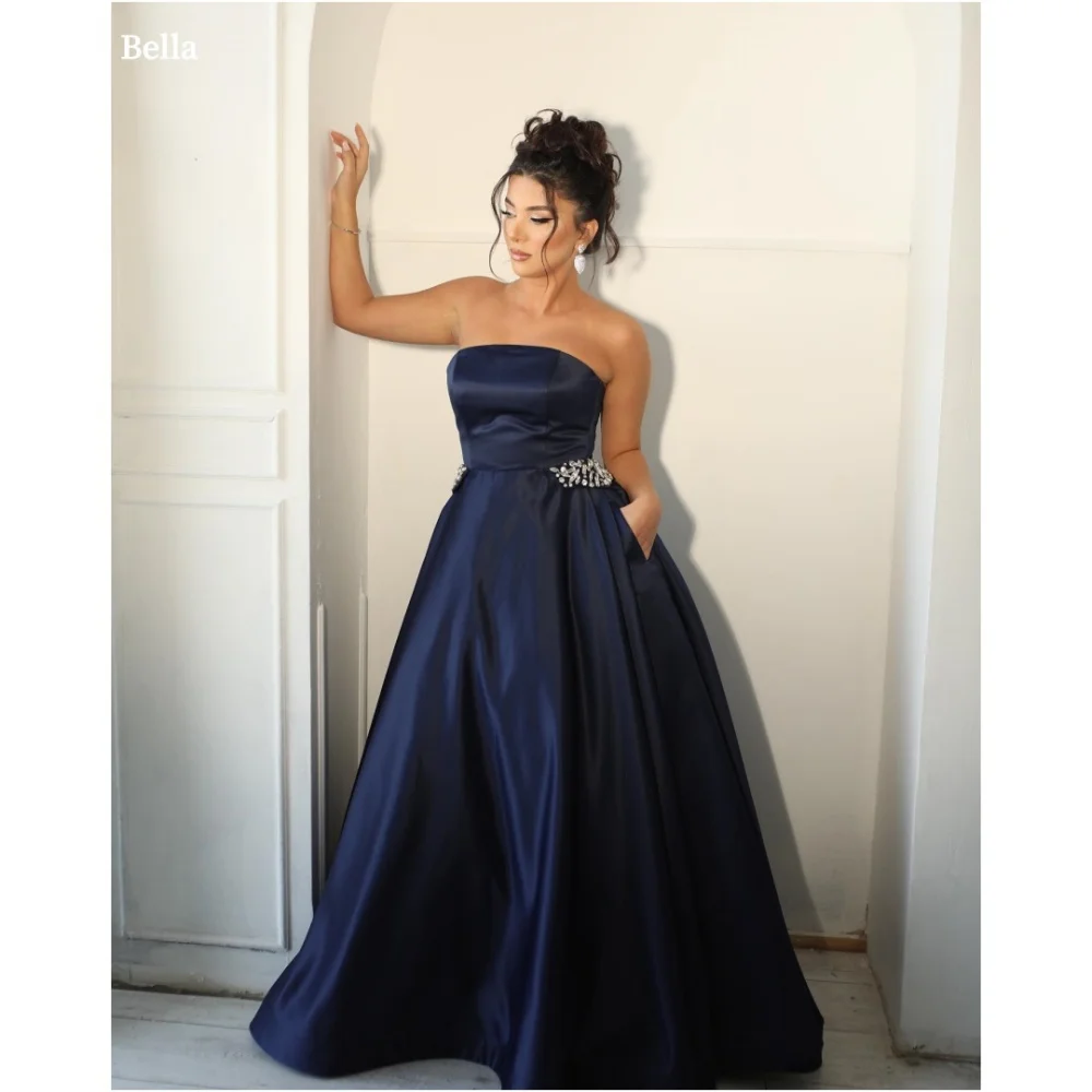 

Bella Customized Blue Glitter Strapless Backless robes de soirée Satin Sleeveless Party Dresses Floor-Length Prom Dress 2025