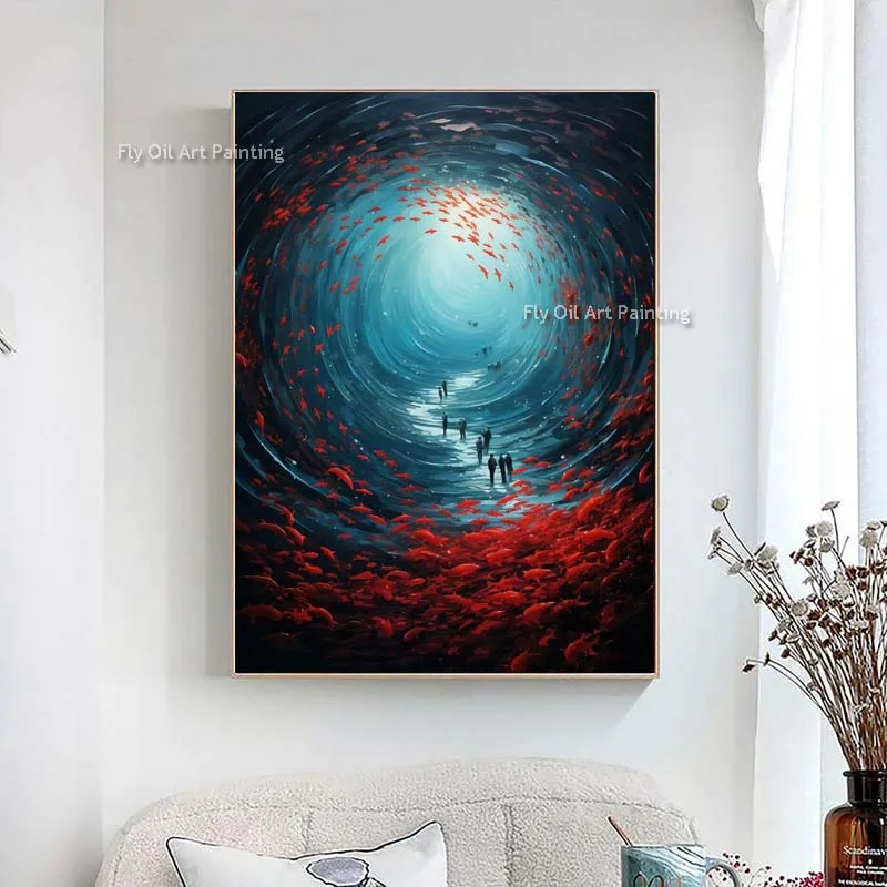 People Walking In Deep Ocean Abstract Oil Painting Red Fishes Rotate Mysterious Cave Canvas Art Hand Paint Expedition Art Decor
