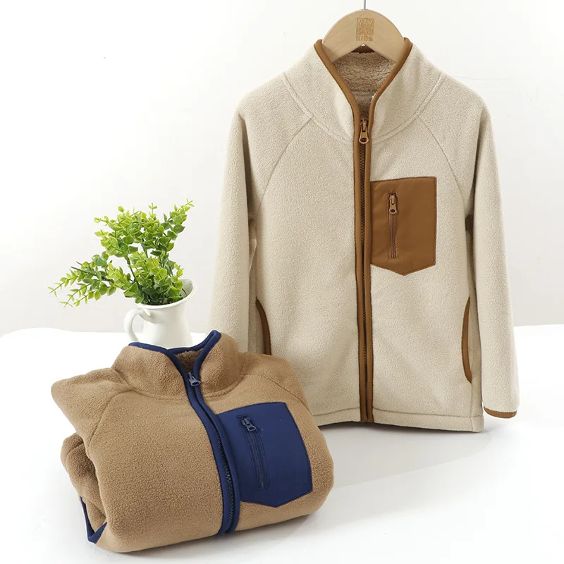 Kids Fleece Jacket Zip Stand Collar Color-block Chest Pocket Warm Winter Coat Boys Girls Casual Autumn Outerwear 2026 New Tops