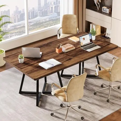 31.5" Square Conference Table, Industrial Office Meeting Table for 4 People, Business Podcast Furniture with Metal Base view 4