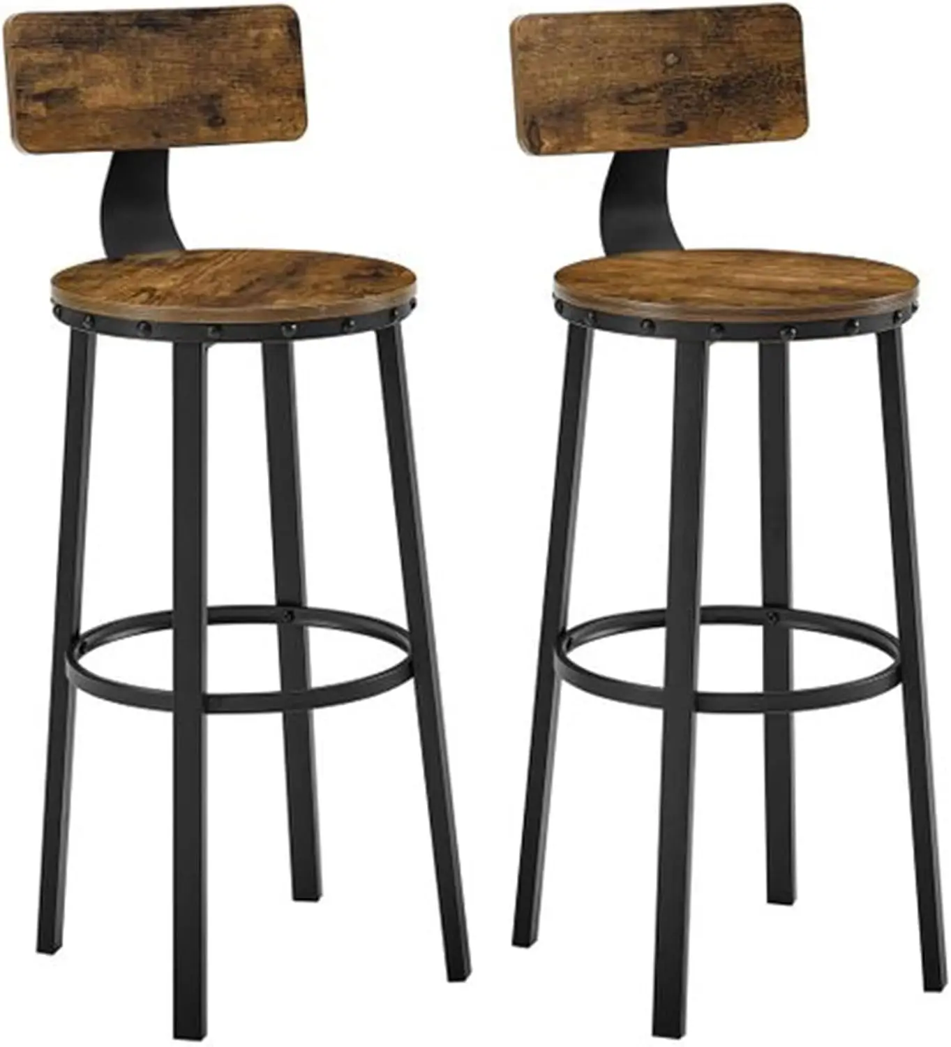 

Set of 2 Industrial Bar Stools with Backrest, 28.9 Inch Height for Kitchen Island Dining, Steel Frame in Rustic Brown and Black