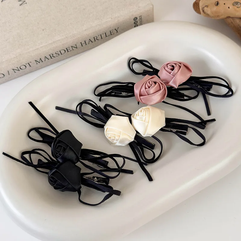 French retro rose bow edge clips hairpin 2024 new autumn and winter temperament gentle side bangs clip women
