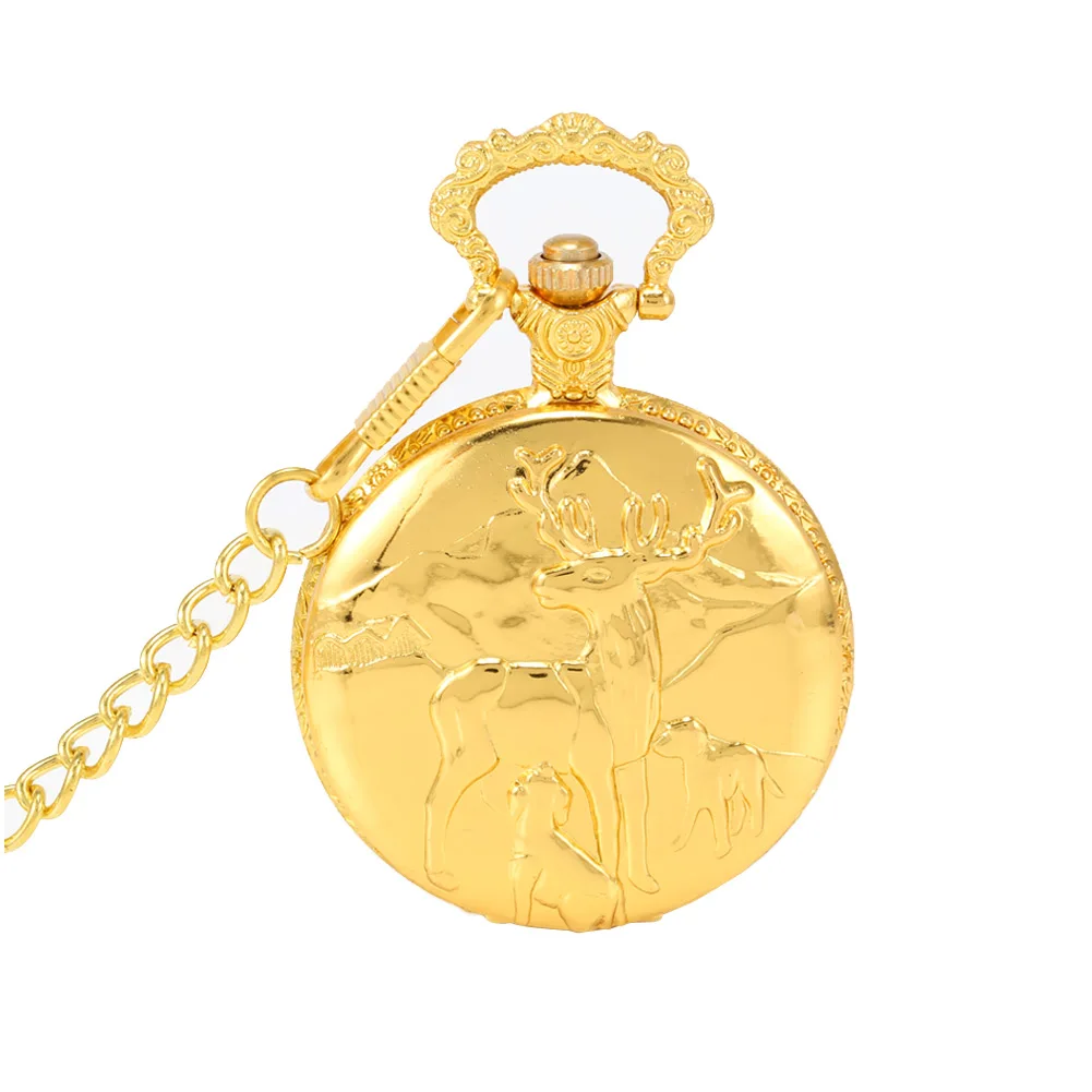 Orologi da tasca in oro Animale Alce Cervo Orologio meccanico al quarzo Collana con ciondolo Orologio a catena Regalo di alta qualità