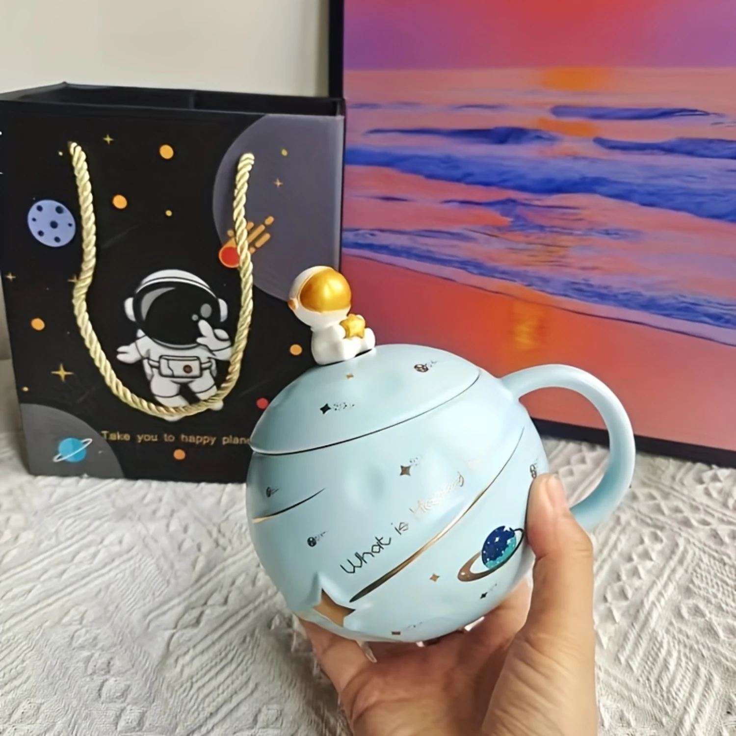 Astronaut Ceramic Coffee Mug with Lid and Spoon - 3pcs Embossed Planets Design, Insulated Oval Cup, Hand Wash Only, Reusable Mul