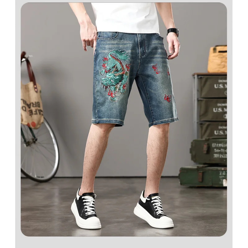 Chinese Dragon Embroidery Denim Shorts Men's Straight Loose plus Size Fashion Casual Street High-End Embroidered Middle Pants