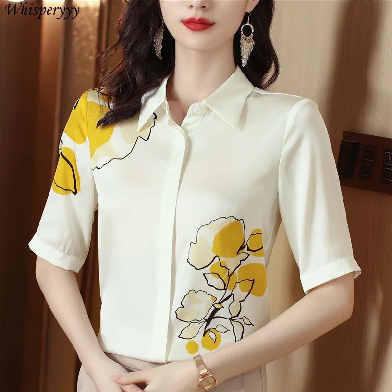 Blouse for Ladies Summer Short Sleeve Color Contrast Printed Fashion Turn-down Collar Tops Female Single-breasted Shirt Women