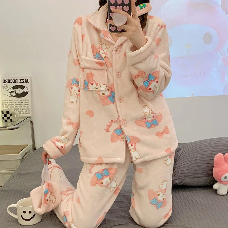 Sanrio Pochacco Cute Printed Plush Pajamas Set Y2k Flannel Soft Home Wear Winter Coral Velvet Student Cartoon Home Clothes Suit