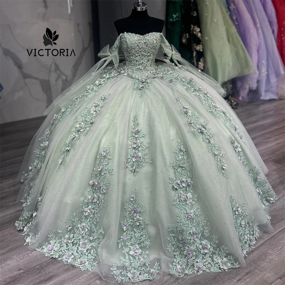 Quinceanera vestido de baile com espartilho, Sweet 16 vestidos, Renda verde sábio, Apliques 15 vestidos, Ocasião formal, Sweet 16, 2024