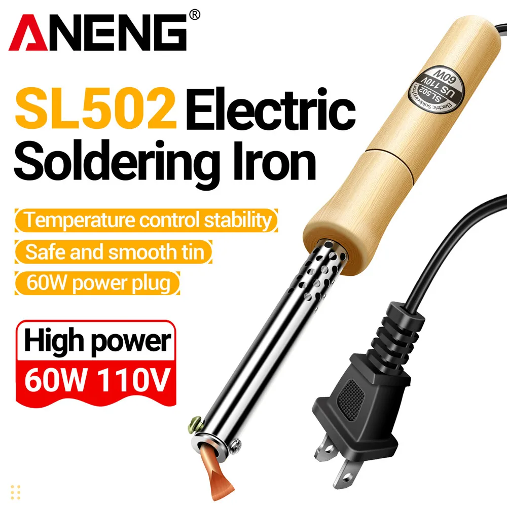 ANENG SL501/SL502 Eectrie Soldering iron Stainless Steel Pipe Sleeve Soldering Iron Weld Copper Tip with Wooden Handle Home Tool