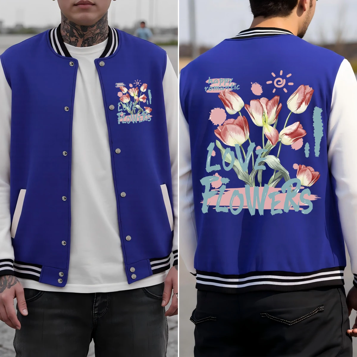 

Happy Romantic Love Flowers Printing Men Jacket Fashion Loose Baseball Uniform Autumn Colorful Clothes Cotton Sportswear
