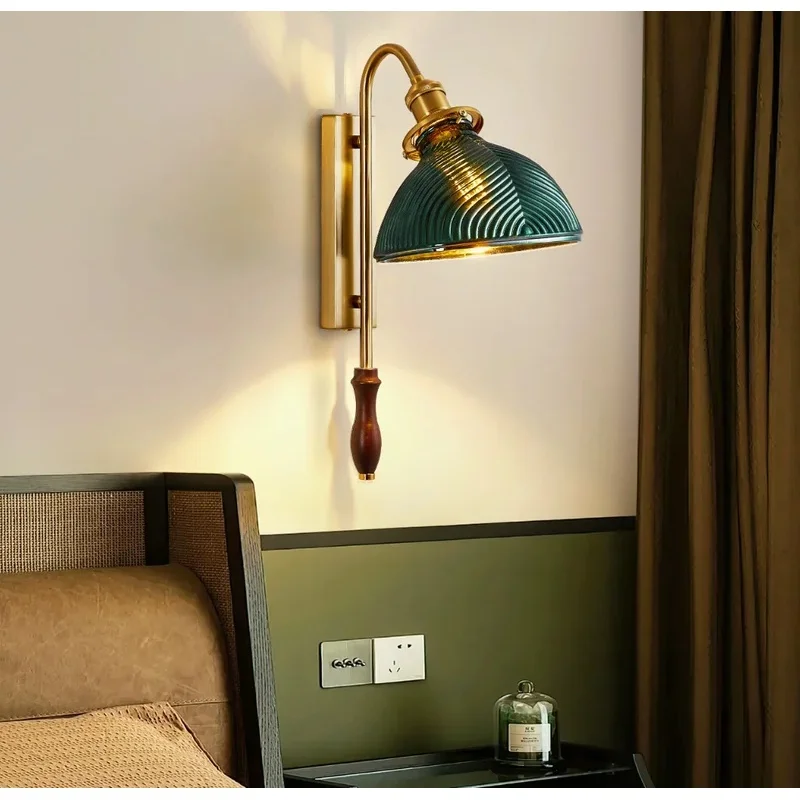 Minimalist Retractable Swing Arm Wall Lamp  Green Ribbed Glass Shade Wood Handle Vintage Wall Sconce E27 Indoor Reading Light