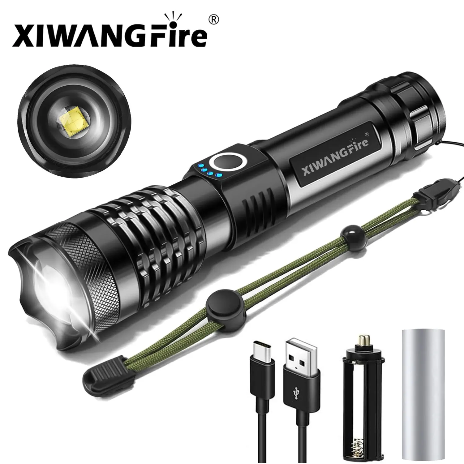 XIWANGFIRE S001 Super leistungsstarke wiederaufladbare Taschenlampe XHP50 LED-Taschenlampe mit variablem Fokus, 30 W Taschenlampen, taktische Laterne, Totalaufnahme