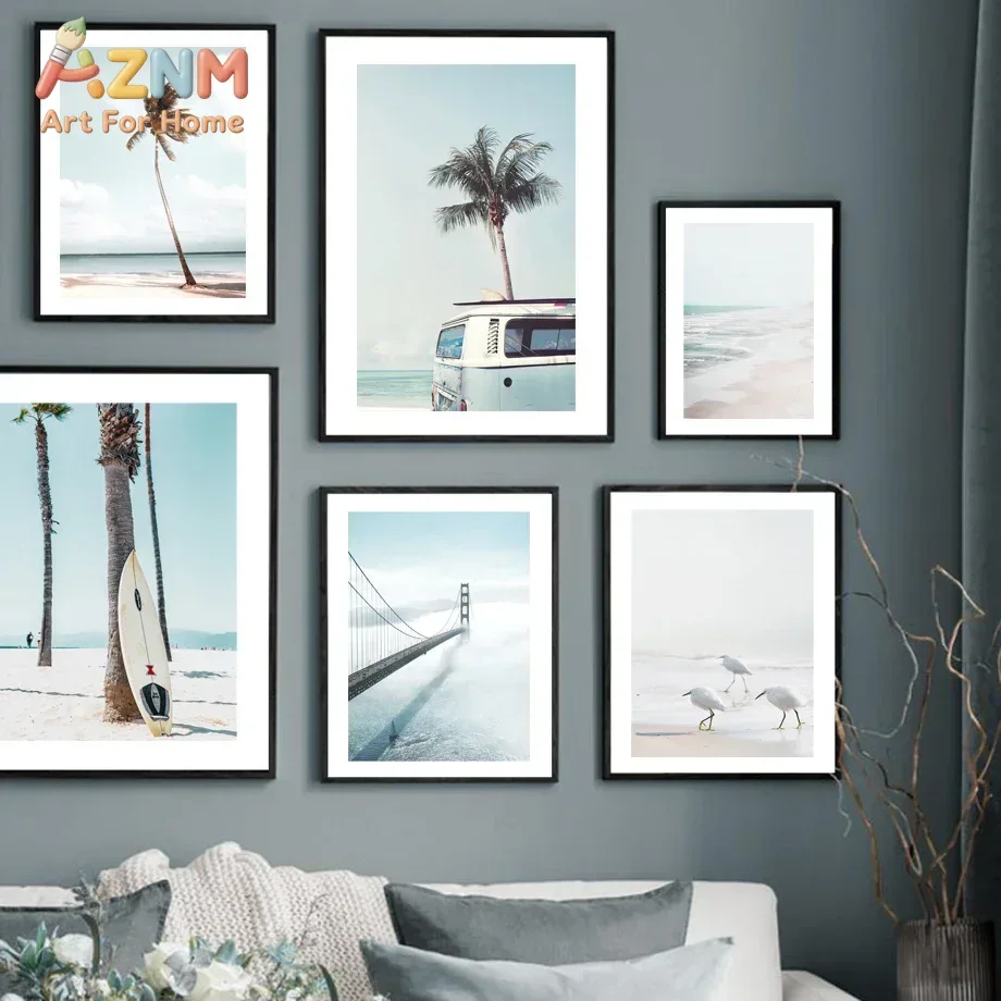 AZNM Coastal Beach Canvas Wall Art, Palm Tree Whale Surfing Bus Seascape Photography Print, Minimalist Living Room Home Decor, U