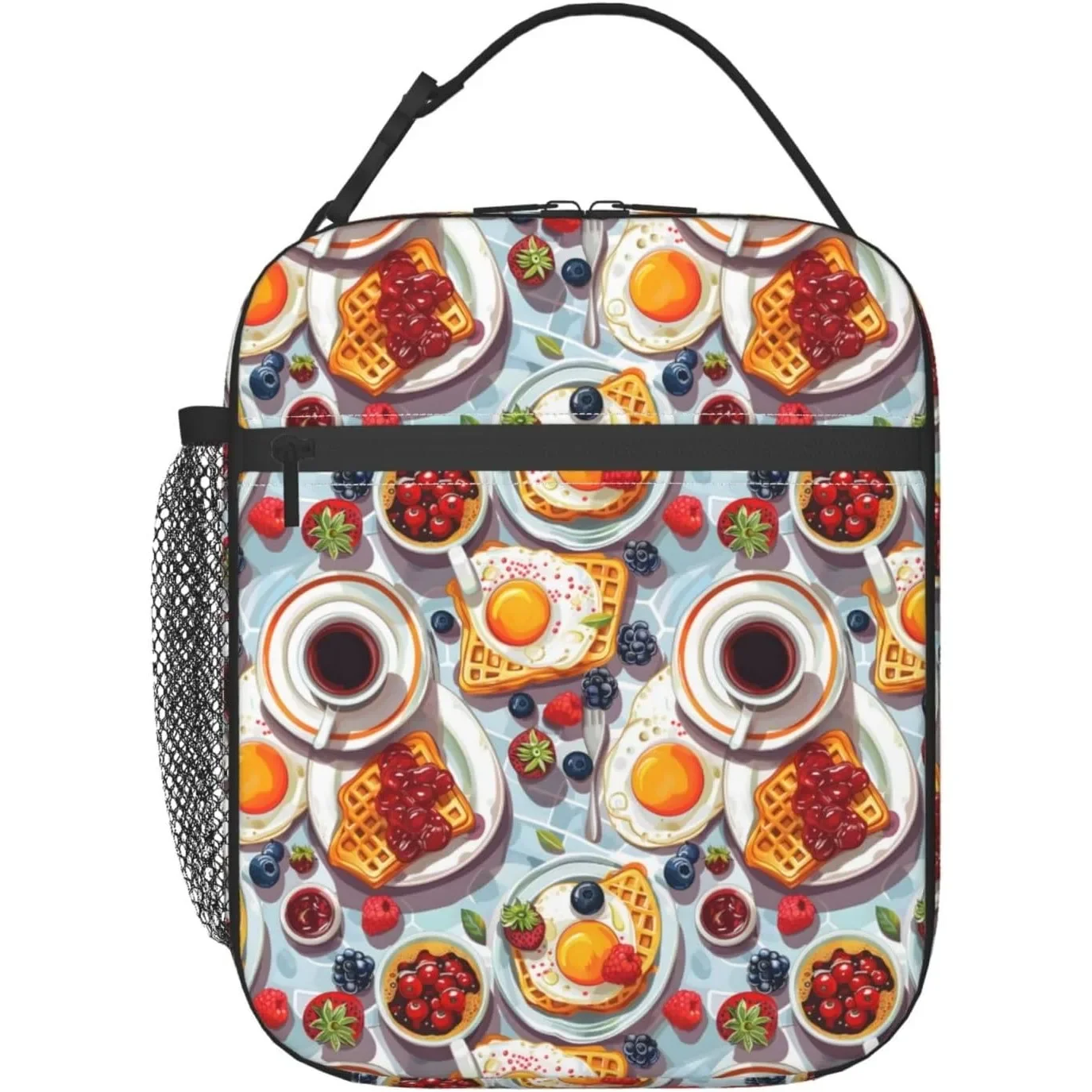 Colorful Breakfast Lunch Box for Women Kids, Insulated Cooler Polyester Waffles Eggs Berries Coffee Lunch Bag