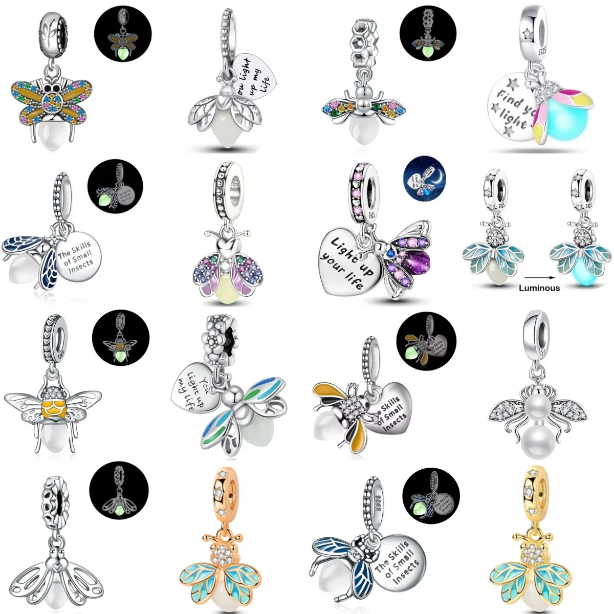 

Бусина-шарм 2026 из серебра 925 пробы, светящаяся в темноте, серия «Светлячок», с фиолетово-сине-желтыми крыльями, для оригинального браслета, для самостоятельного изготовления украшений, подарок