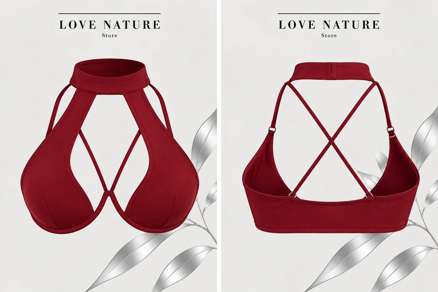 【LOVE NATURE Store】Women's Sexy Halter Neck Bra Top, Deep V Cutout Bustier with Criss Cross Back Straps, Red Lingerie Crop Top
