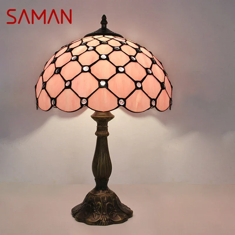 

Настольная лампа SAMAN Tiffany, светодиодная роскошная креативная лампа для гостиной, кабинета, спальни, прикроватная лампа, вилла, отель, цветное стекло, настольный светильник