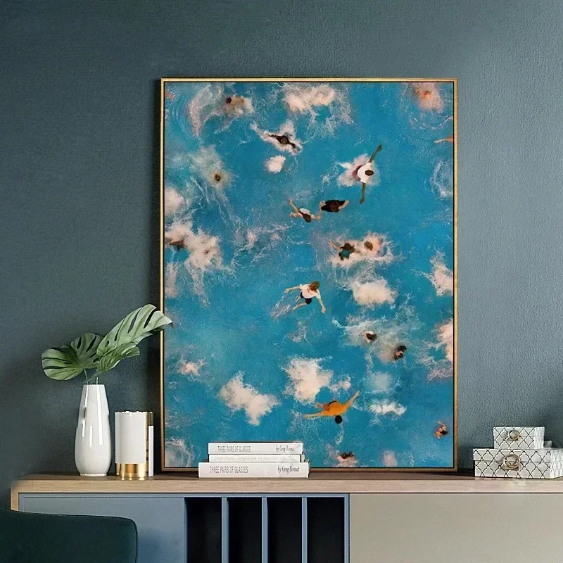 (No frame)(No frame)Character Canvas Painting Summer Swimming Pool Aerial Photography Party Nordic Blue Wall Art Prints Poste