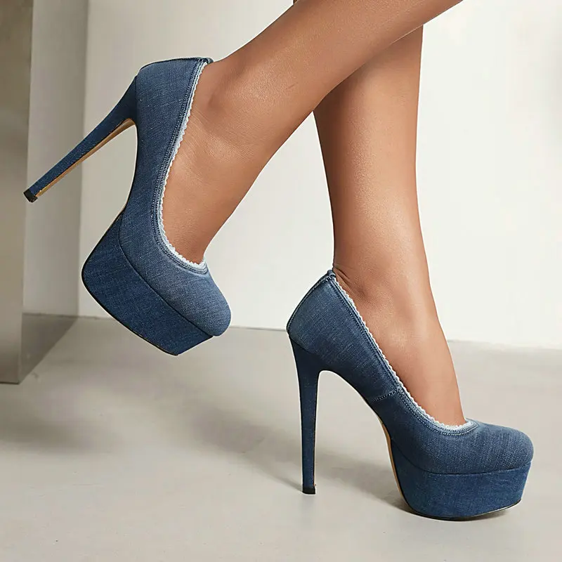 New Denim Jeans Fabric Super Thin High Heels Closed Toe Blue Platform Sexy Lady Office Pumps Size 33-43 Womens Stiletto Shoes