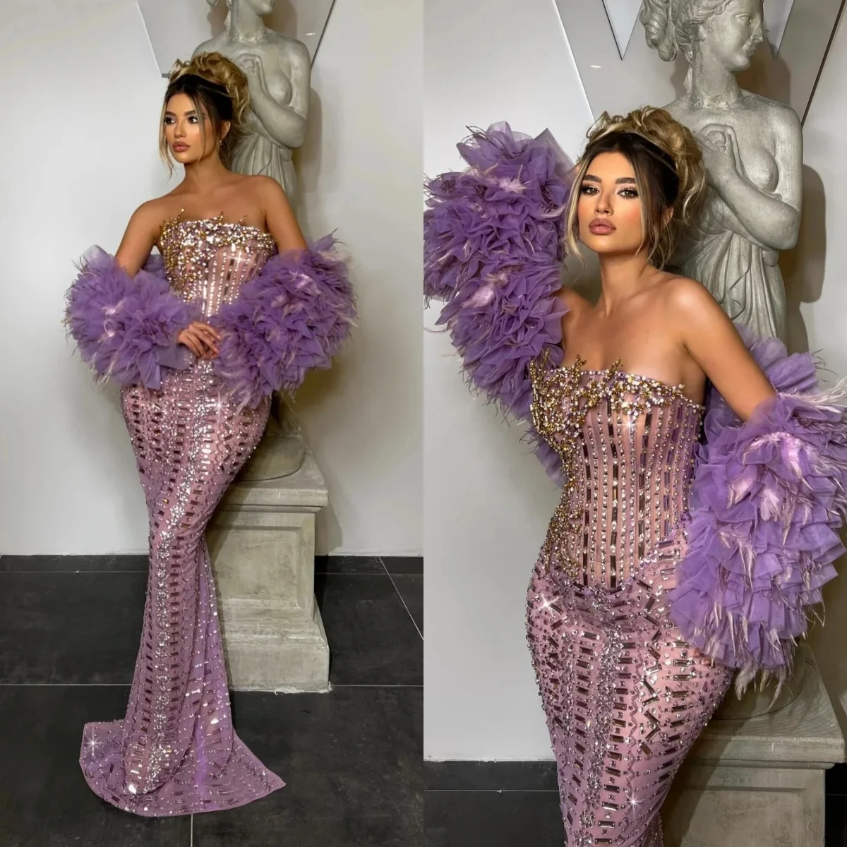 

Sparkly Strapless Evening Dresses Crystal Feather Prom Gown Beaded Ruffle Mermaid Illusion Princess Customized Vestidos De Noche