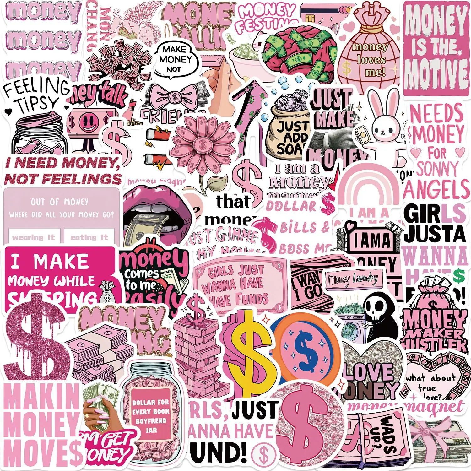 50/100PCS Cartoon Pink Money Theme Doodle Stickers, Waterproof Decals for Guitar Notebook Suitcase Stationery DIY Rewards Decals