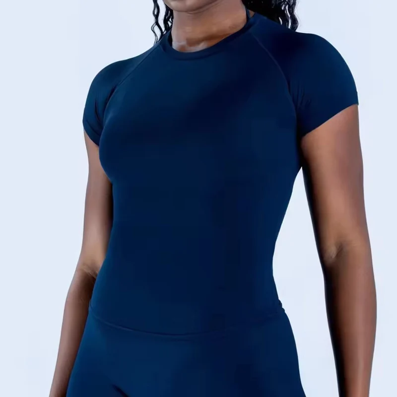 Korte mouw yogatop zonder logo, ronde hals, naadloze gymshirt voor dames, hoge stretch sport- en hardloop T-shirts, workout kleding