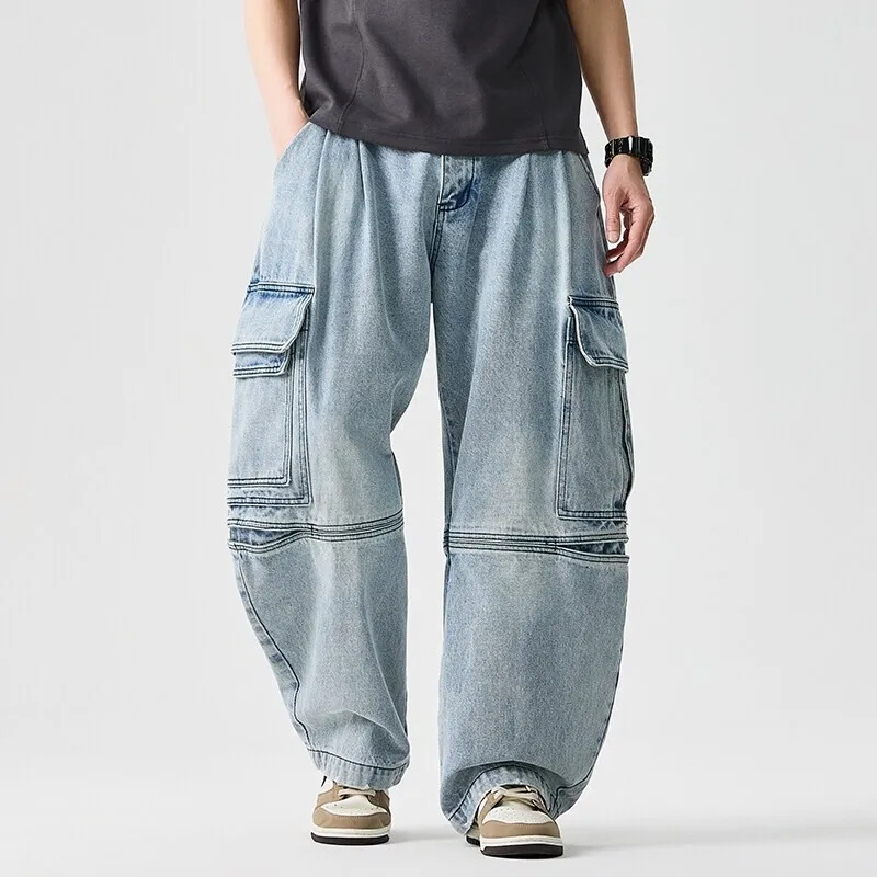 Summer Large Size Japanese American Retro High Street Tooling Jeans Casual Pants Spliced Multi-pocket Men's Pants