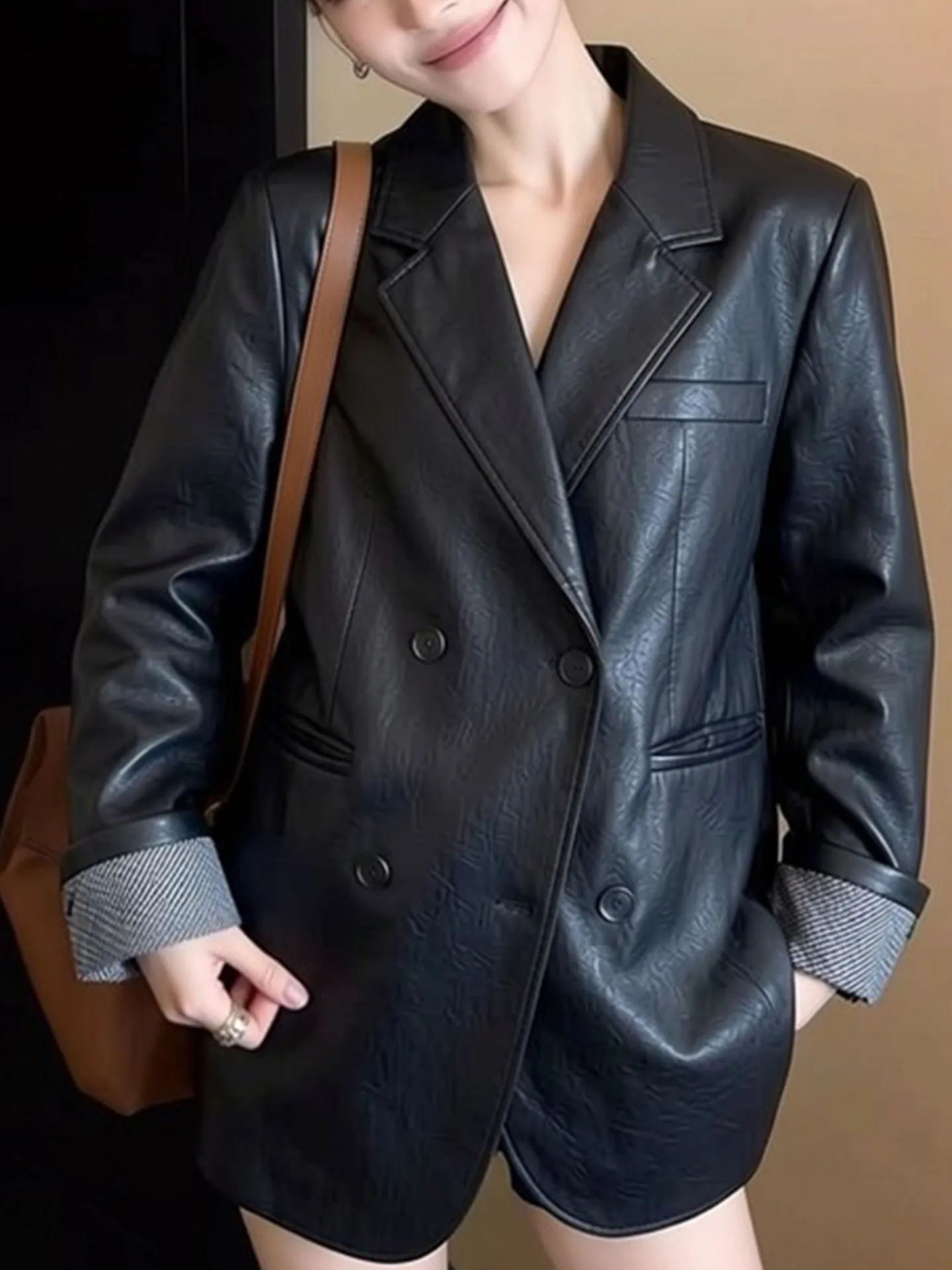 Ele Bla Leather Jaet Women's Spring 2026 New Sle Slimming Suit Coat Cool Windbreaker Commute Sle Stand Fit