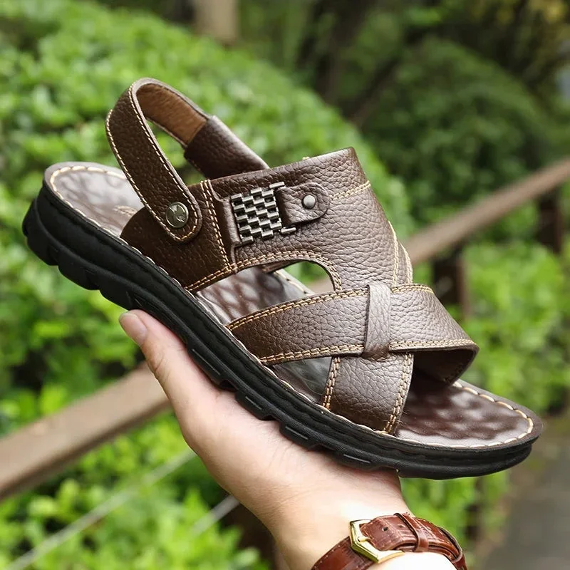 

Summer Men Leather Sandals Genuine Leather Non-slip Shoes Slippers Outdoor Thick-soled Beach Shoes Comfort Soft Men Sandalias