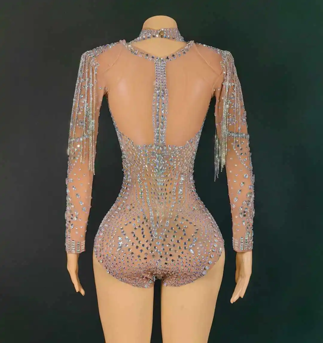 Luxury Shinning Rhinestone Bodysuits For Women Glitter Drill Chain Sheer Stretch Dance Costume Drag Queen Leotard