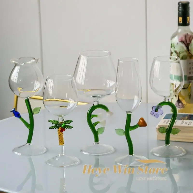 

Creative 3D Green Plant Flower Stem Red White Wine Glasses Cup Stemware Goblets Champagne Flute Household Party Fine Gifts