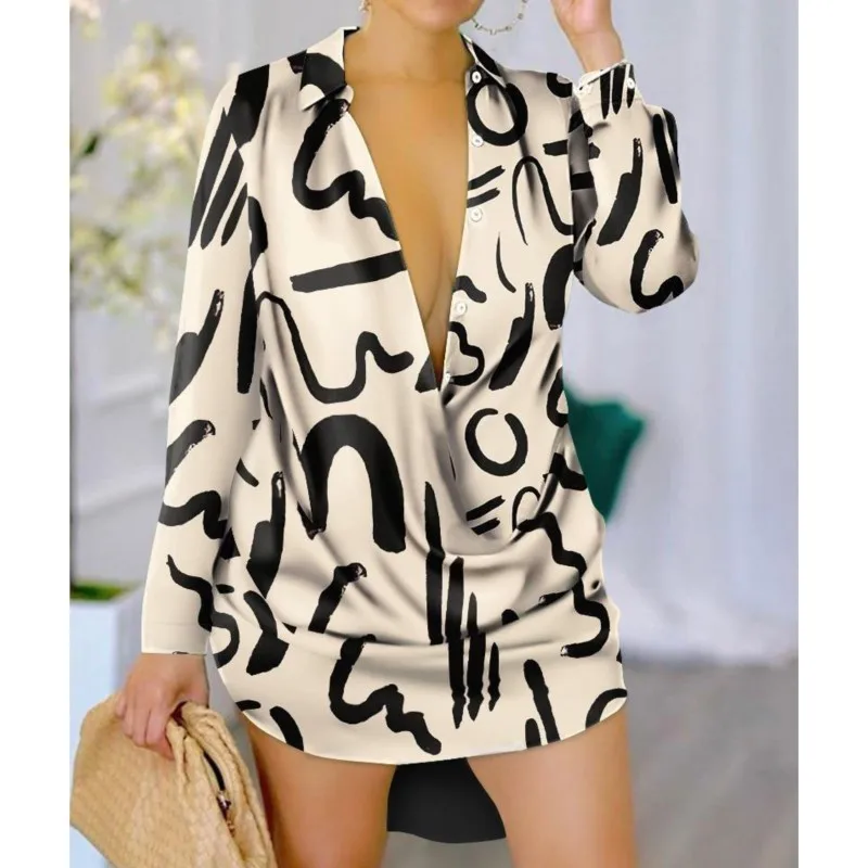 New Sexy V-neck Button Patchwork Shirt Dress For Women\'s Spring/summer Fashionable Printed Long Sleeved Mini Dress Ropa De Mujer