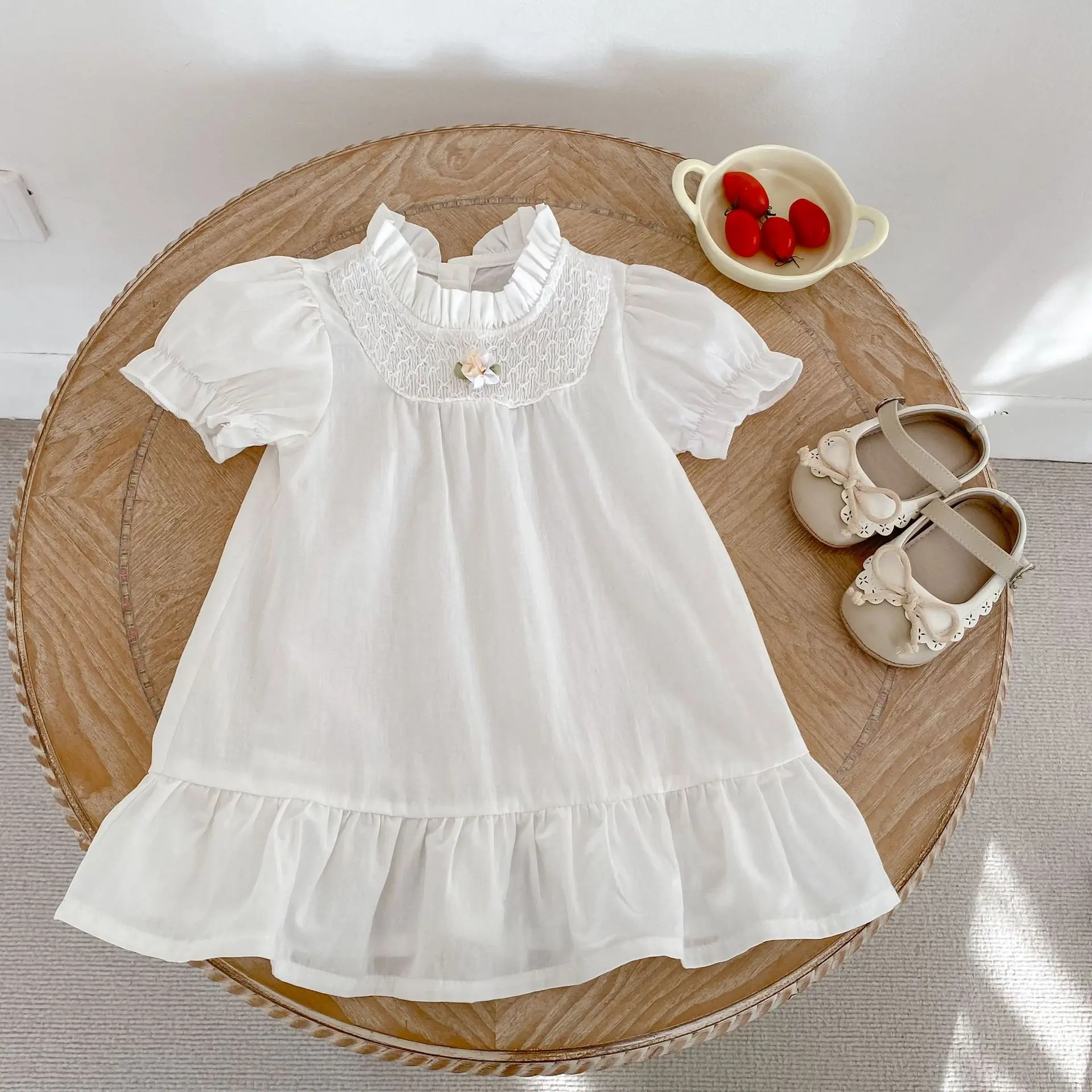 

2026 Summer New Girls Sweet Lace Collar Dress Children Puff Short Sleeve Dress Cotton Baby Girl Princess Dress Kids Clothes