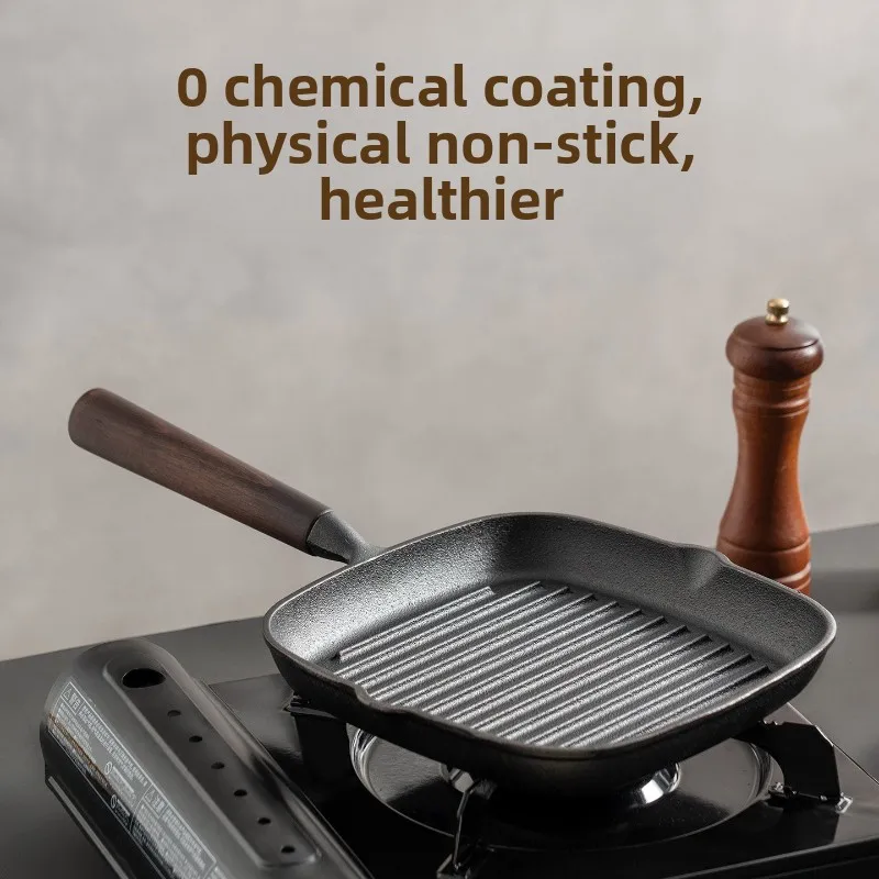 Nordic Cast Iron Skillet Non-Coated Steak Pan Rapid Heat Transfer Frying Pan with Wood Handle for Stovetop BBQ Camping Outdoor