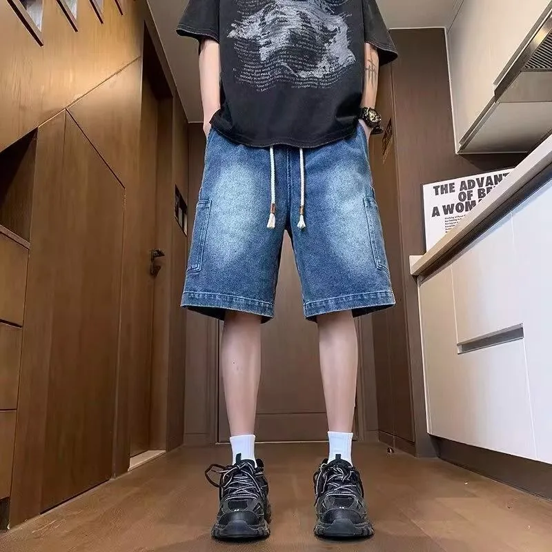 

Mens Loose Fit Denim Shorts With Drawstring Casual Wide Leg Shorts