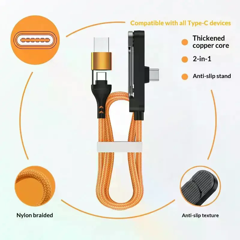 240W 2 In 1 Fast Charging Cable Black/Orange With Foldable Phone Holder Stand For Tablet Laptop Charger Cord USB