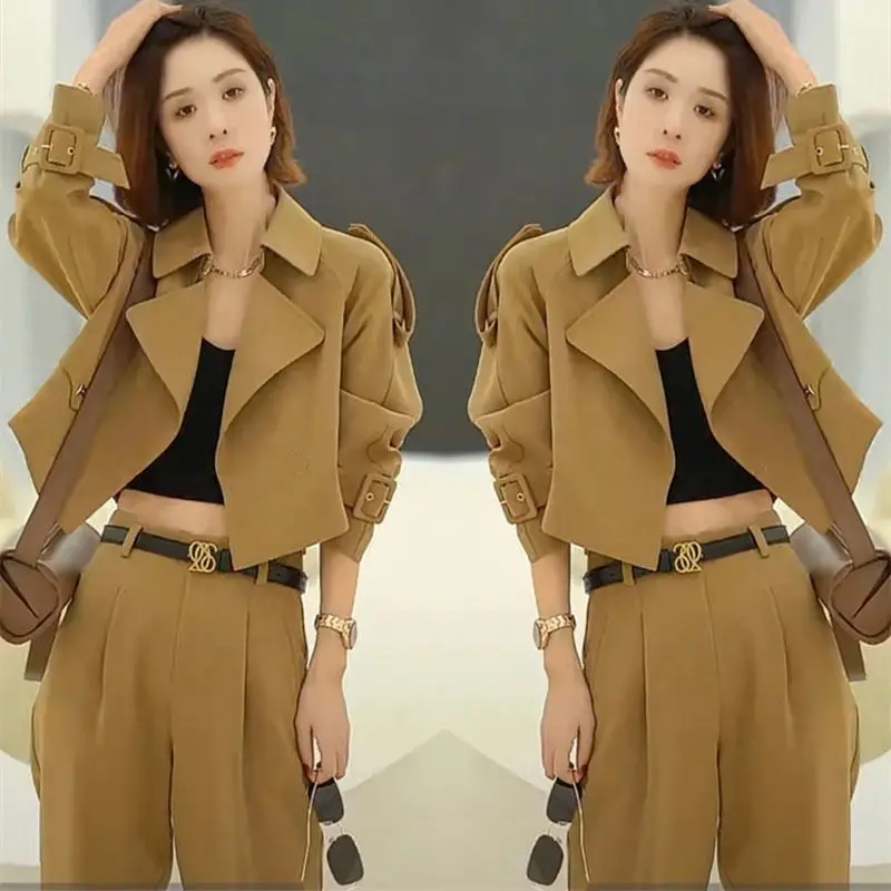 Women's British style short suit windbreaker Blazer wide leg pants set retro casual solid color suit pleated pants two-piece set