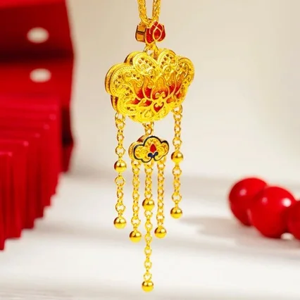 Ancient 24K gold filigree enamel double red lotus lock tassel necklace female new AU999 set of pure gold jewelry