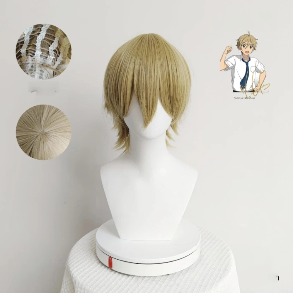 Anime Mashiro Tomoya Cosplay Wig Flaxen Short Hair with Realistic Scalp Top Heat-resistant Synthetic Fiber Wig with Rose Net Cap