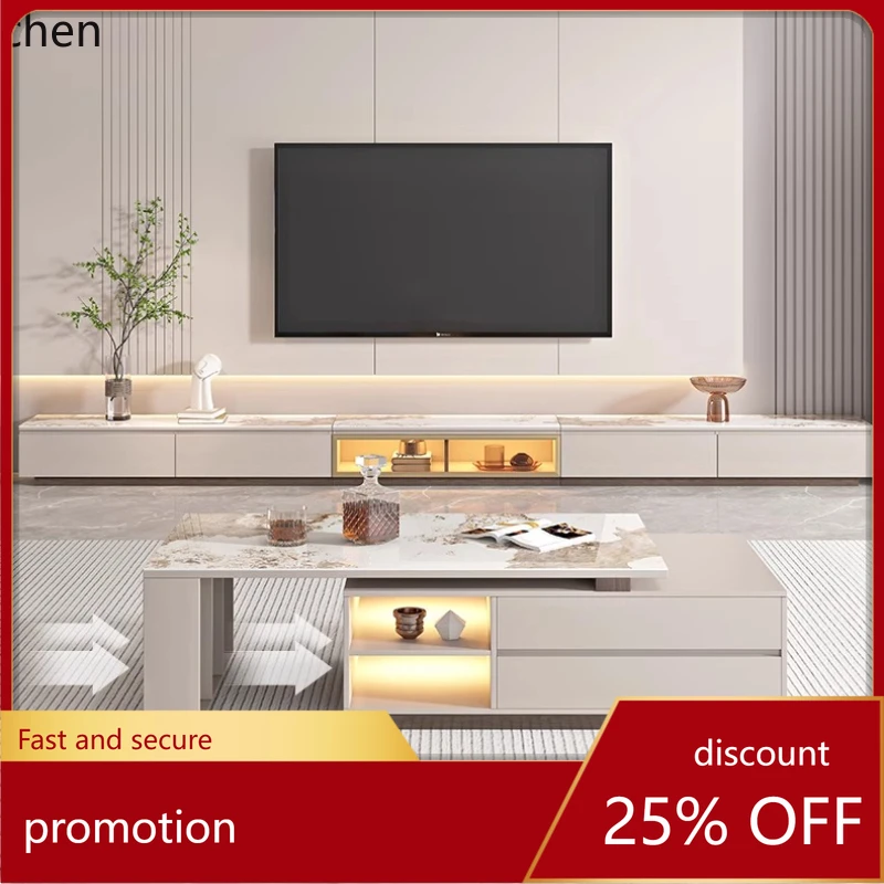 

ZML rock slab solid wood coffee table TV cabinet combination retractable living room bright floor cabinet